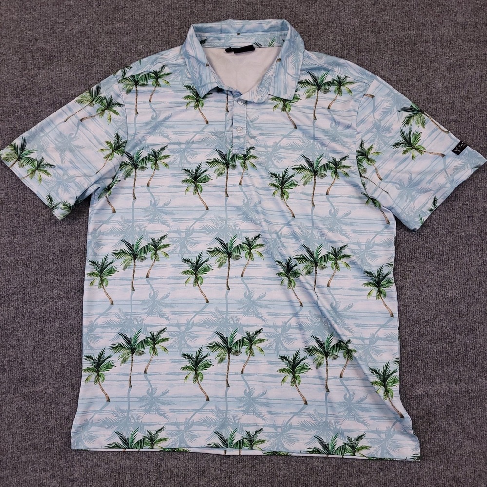 YATTA Golf Hawaiian Polo Mens XL Short‎ Sleeve Palm Print Tropical Stretch Aloha